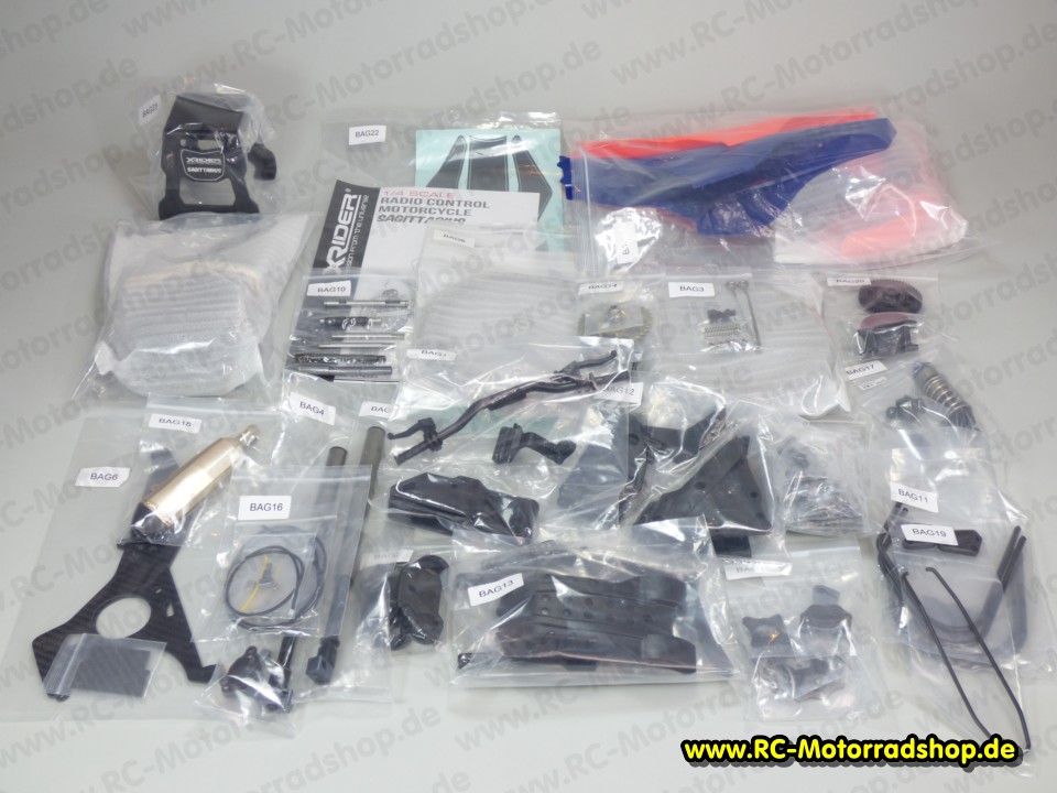 SAG-KIT: X-Rider 1:4 Cross-Motorrad SAGITTARIUS KIT blau / rot mit elektr. Gyro (ohne RC Komponenten) SAG-KIT